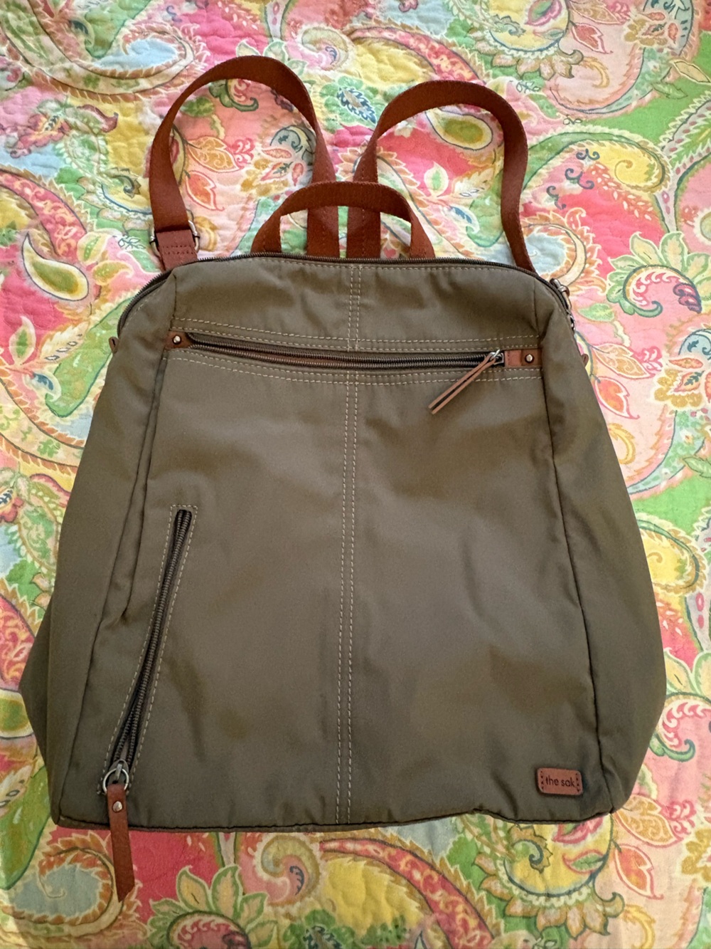 The Sak Olive Canvas Backpack with Brown Leather Accents